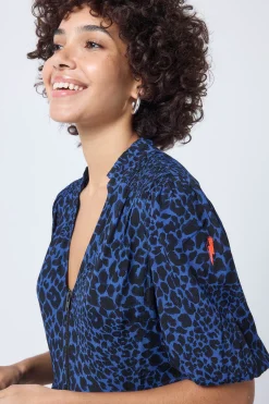 Women Scamp & Dude Navy with Black Rock and Roll Leopard Zip Detail Tiered Short Dress