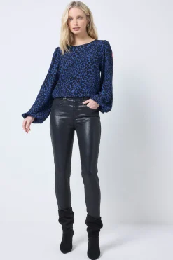 Women Scamp & Dude Navy with Black Rock and Roll Leopard Blouson Sleeve Top