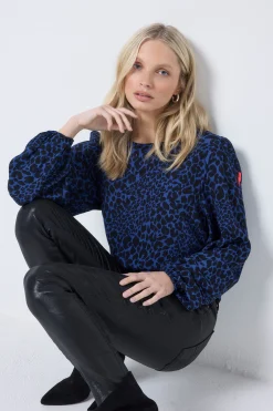 Women Scamp & Dude Navy with Black Rock and Roll Leopard Blouson Sleeve Top