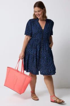 Women Scamp & Dude Navy with Black Rock and Roll Leopard Zip Detail Tiered Short Dress