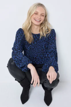 Women Scamp & Dude Navy with Black Rock and Roll Leopard Blouson Sleeve Top