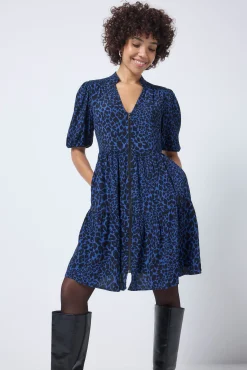 Women Scamp & Dude Navy with Black Rock and Roll Leopard Zip Detail Tiered Short Dress