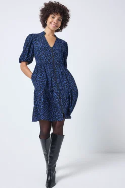 Women Scamp & Dude Navy with Black Rock and Roll Leopard Zip Detail Tiered Short Dress