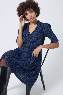 Women Scamp & Dude Navy with Black Rock and Roll Leopard Zip Detail Tiered Short Dress