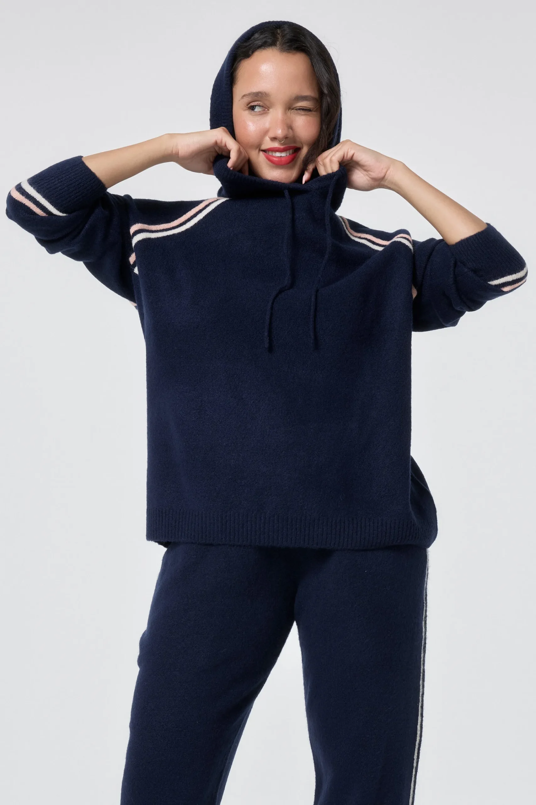 Women Scamp & Dude Navy with Ivory and Peach Stripe Knitted Lounge Wear Hoodie