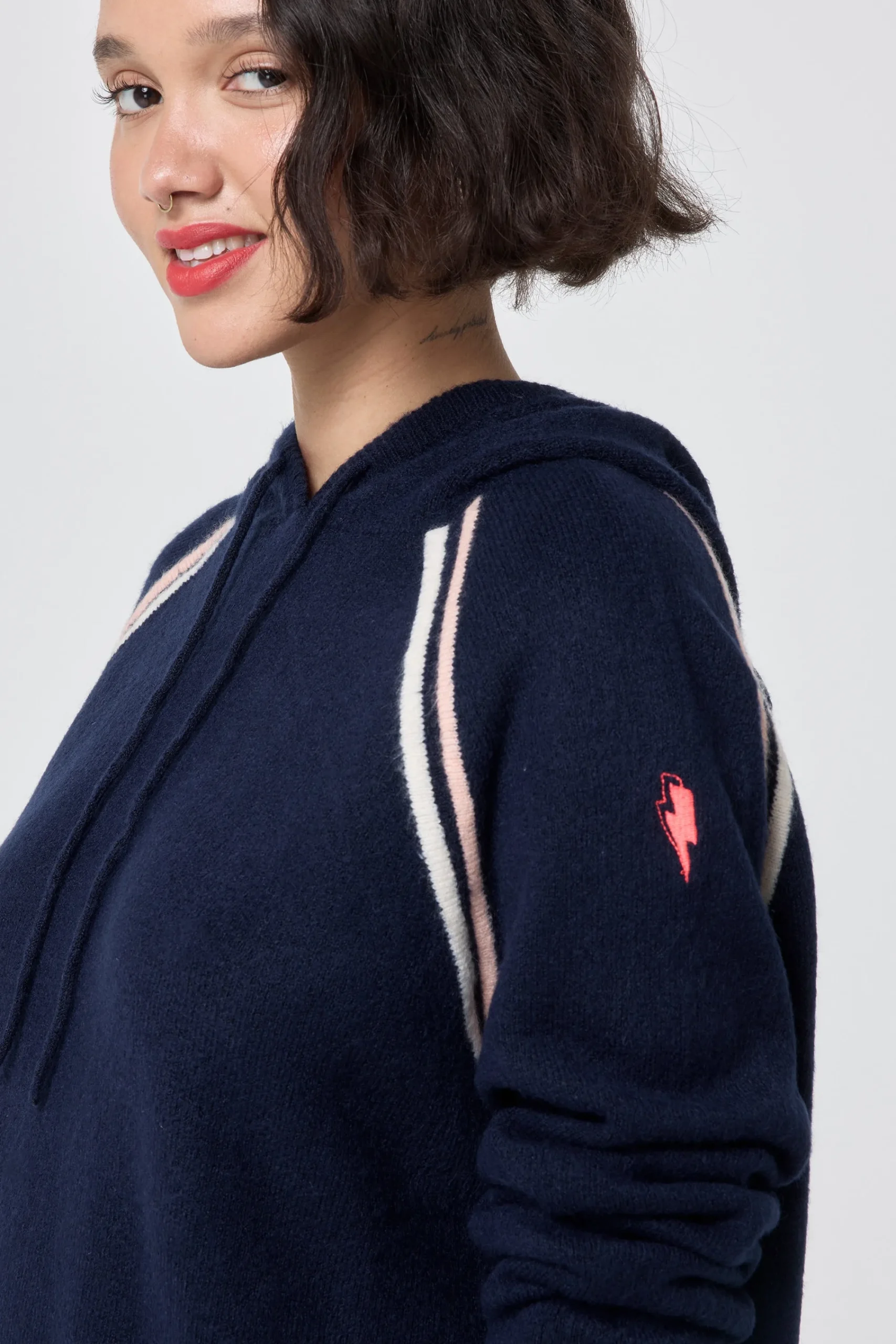 Women Scamp & Dude Navy with Ivory and Peach Stripe Knitted Lounge Wear Hoodie