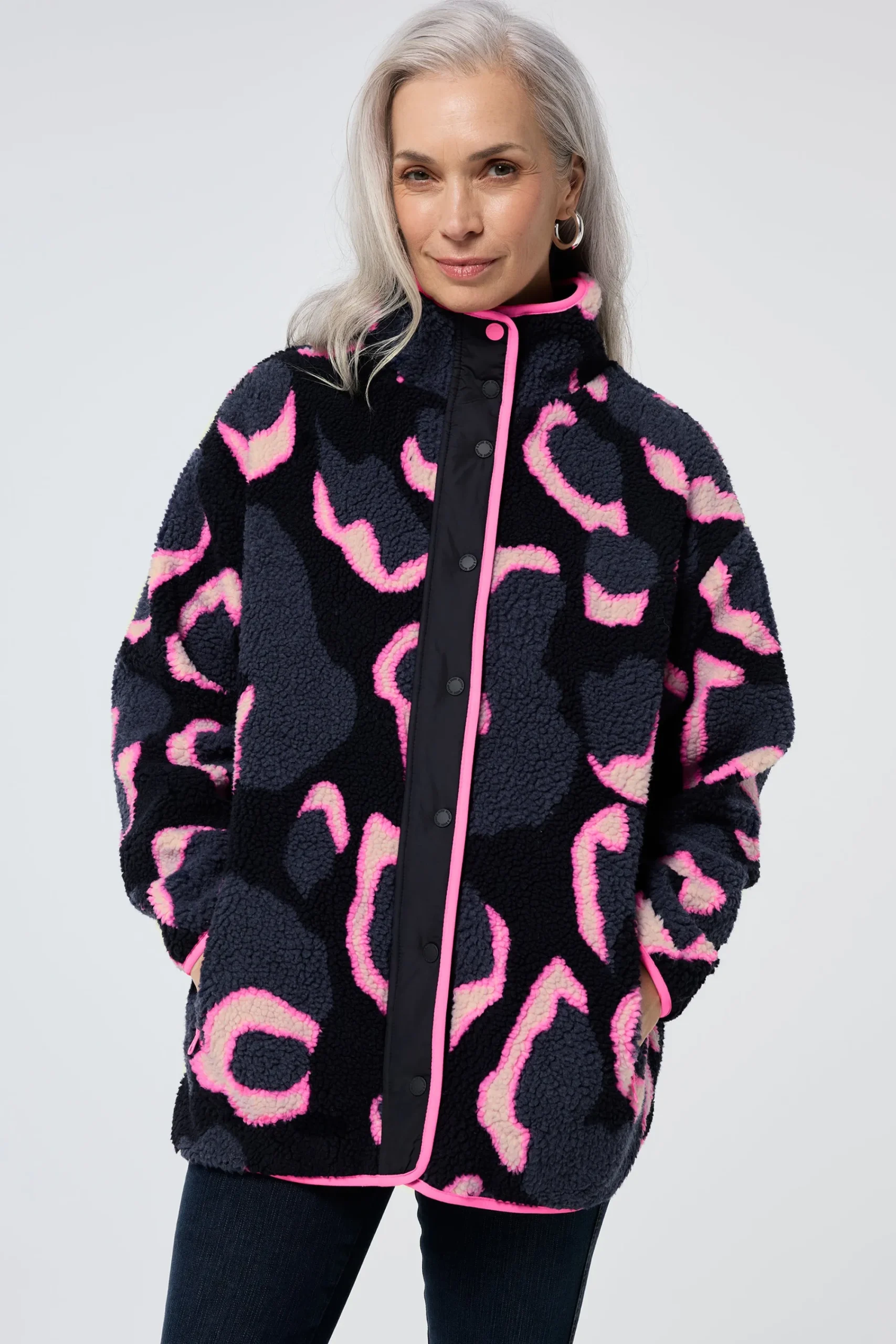 Women Scamp & Dude Navy with Pink Mega Shadow Leopard Button Through Fleece Jacket