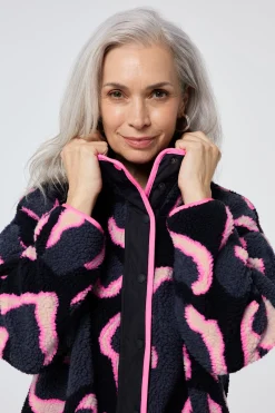 Women Scamp & Dude Navy with Pink Mega Shadow Leopard Button Through Fleece Jacket