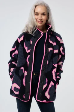 Women Scamp & Dude Navy with Pink Mega Shadow Leopard Button Through Fleece Jacket