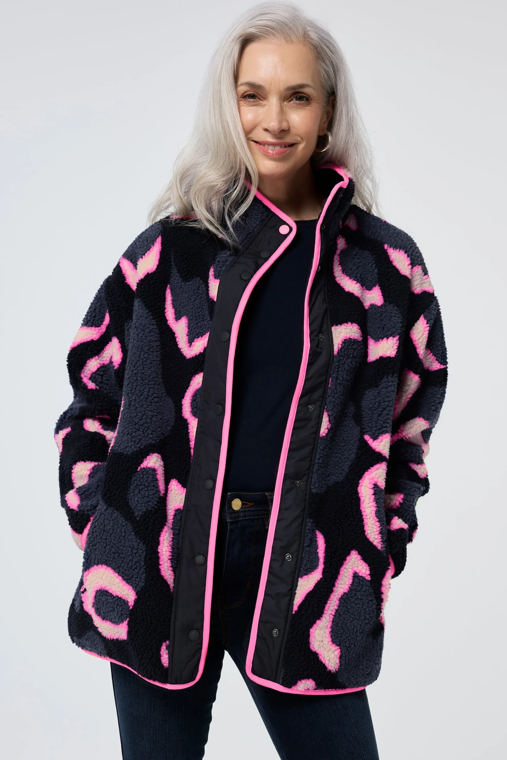 Women Scamp & Dude Navy with Pink Mega Shadow Leopard Button Through Fleece Jacket