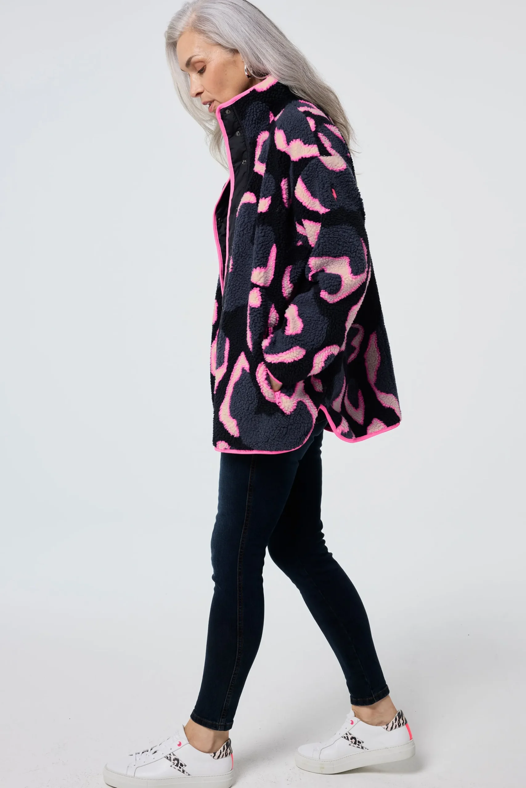 Women Scamp & Dude Navy with Pink Mega Shadow Leopard Button Through Fleece Jacket