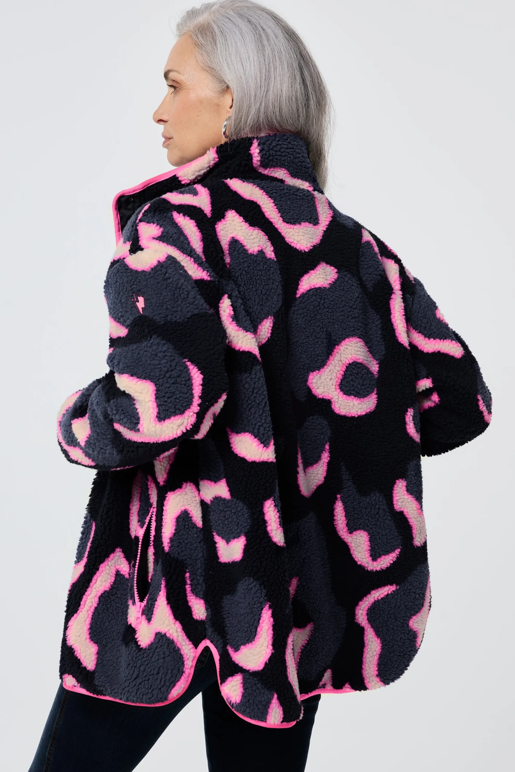 Women Scamp & Dude Navy with Pink Mega Shadow Leopard Button Through Fleece Jacket