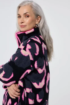 Women Scamp & Dude Navy with Pink Mega Shadow Leopard Button Through Fleece Jacket
