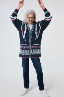 Women Scamp & Dude Navy with Rainbow Statement Bolt Longline Cardigan