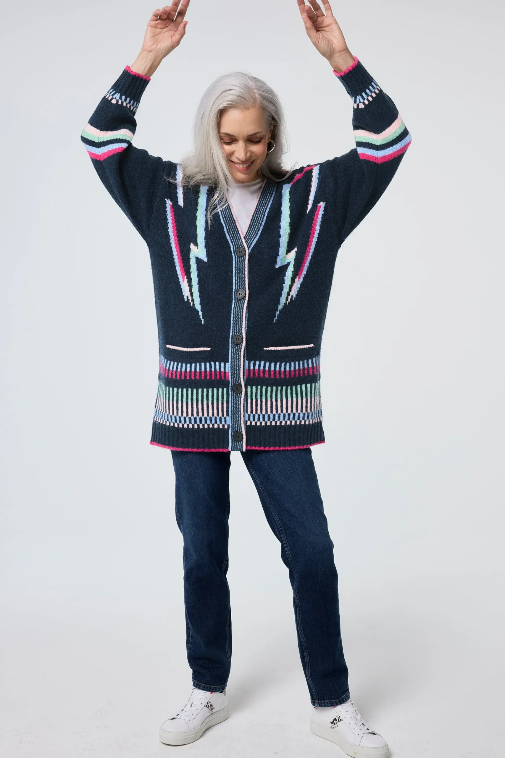 Women Scamp & Dude Navy with Rainbow Statement Bolt Longline Cardigan