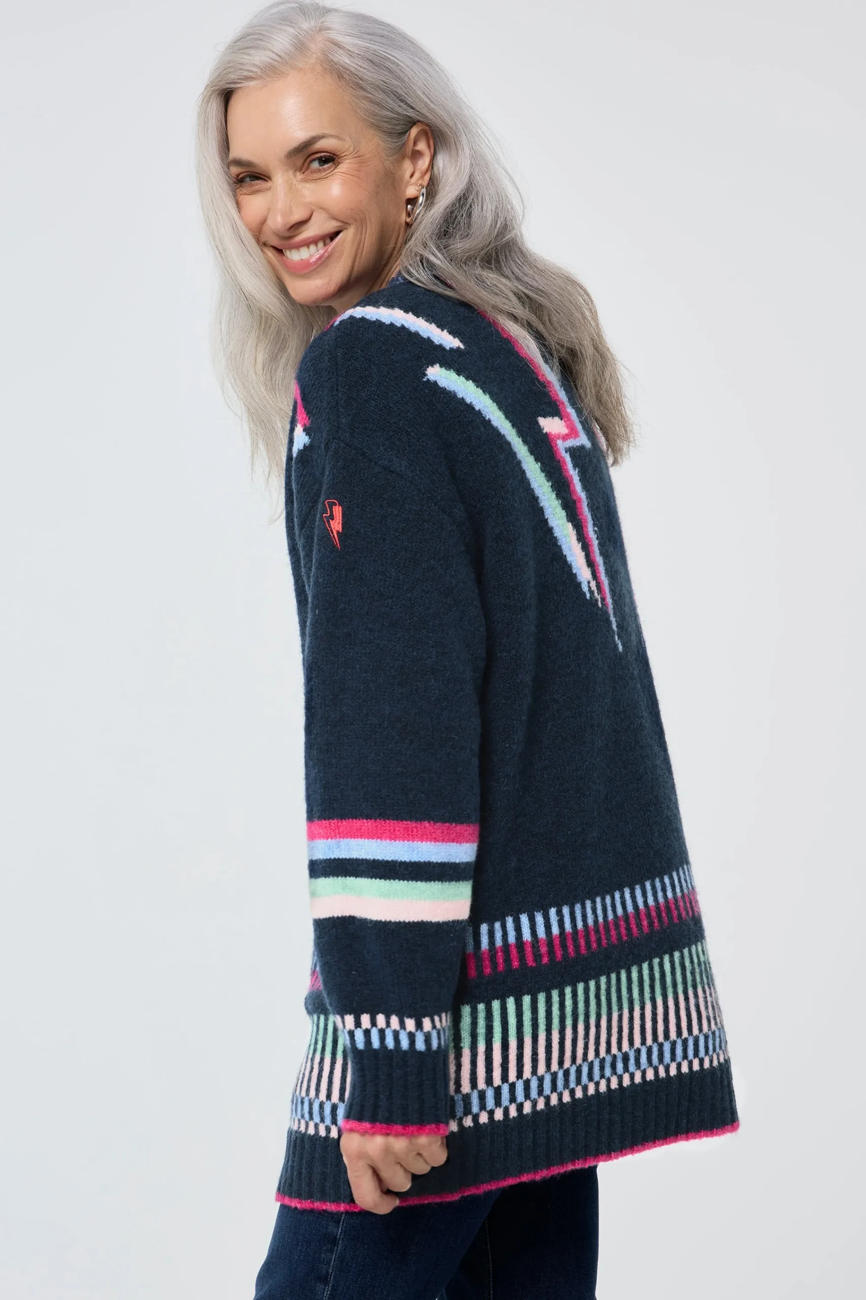 Women Scamp & Dude Navy with Rainbow Statement Bolt Longline Cardigan