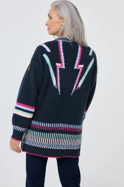 Women Scamp & Dude Navy with Rainbow Statement Bolt Longline Cardigan
