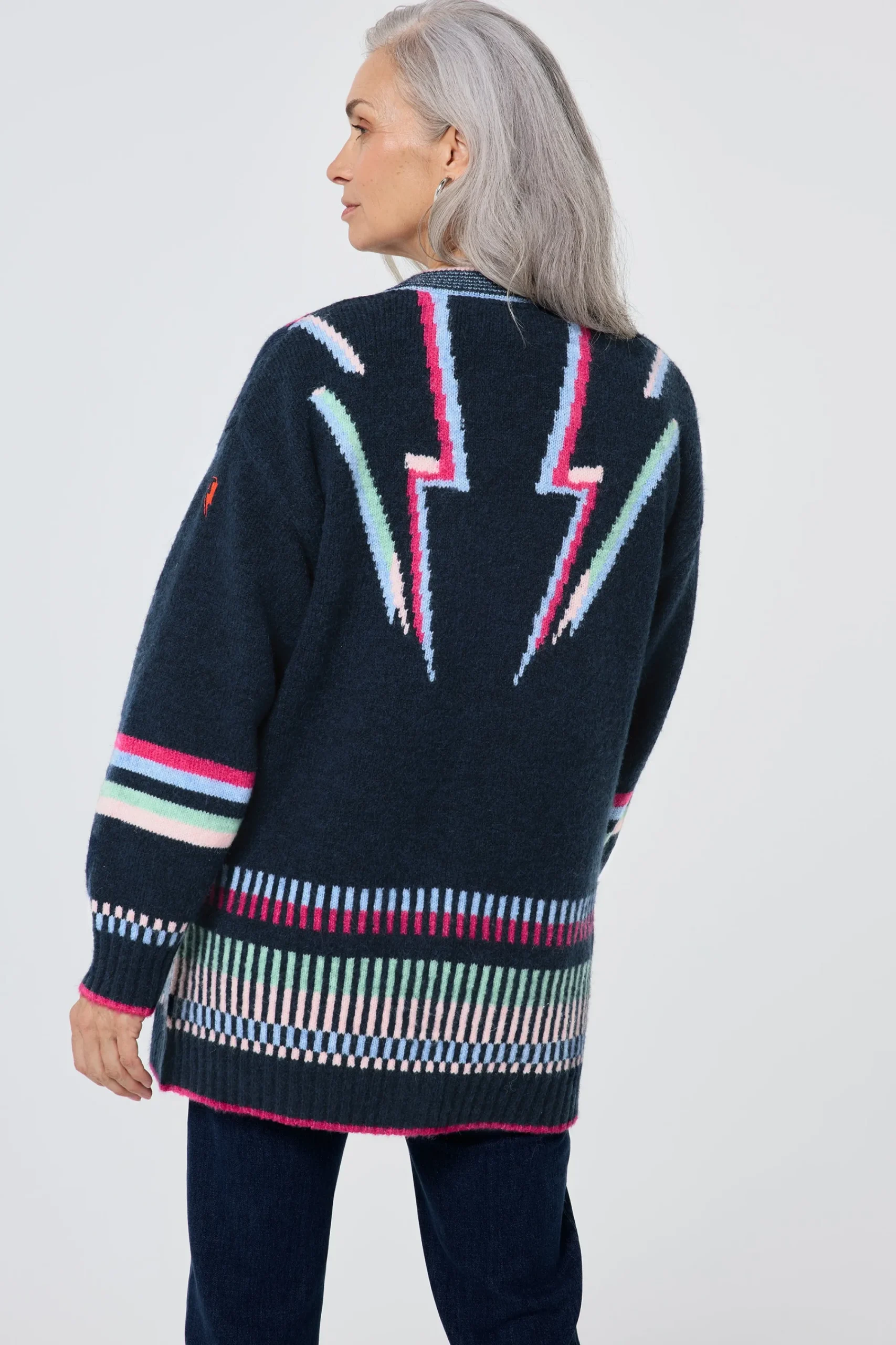 Women Scamp & Dude Navy with Rainbow Statement Bolt Longline Cardigan