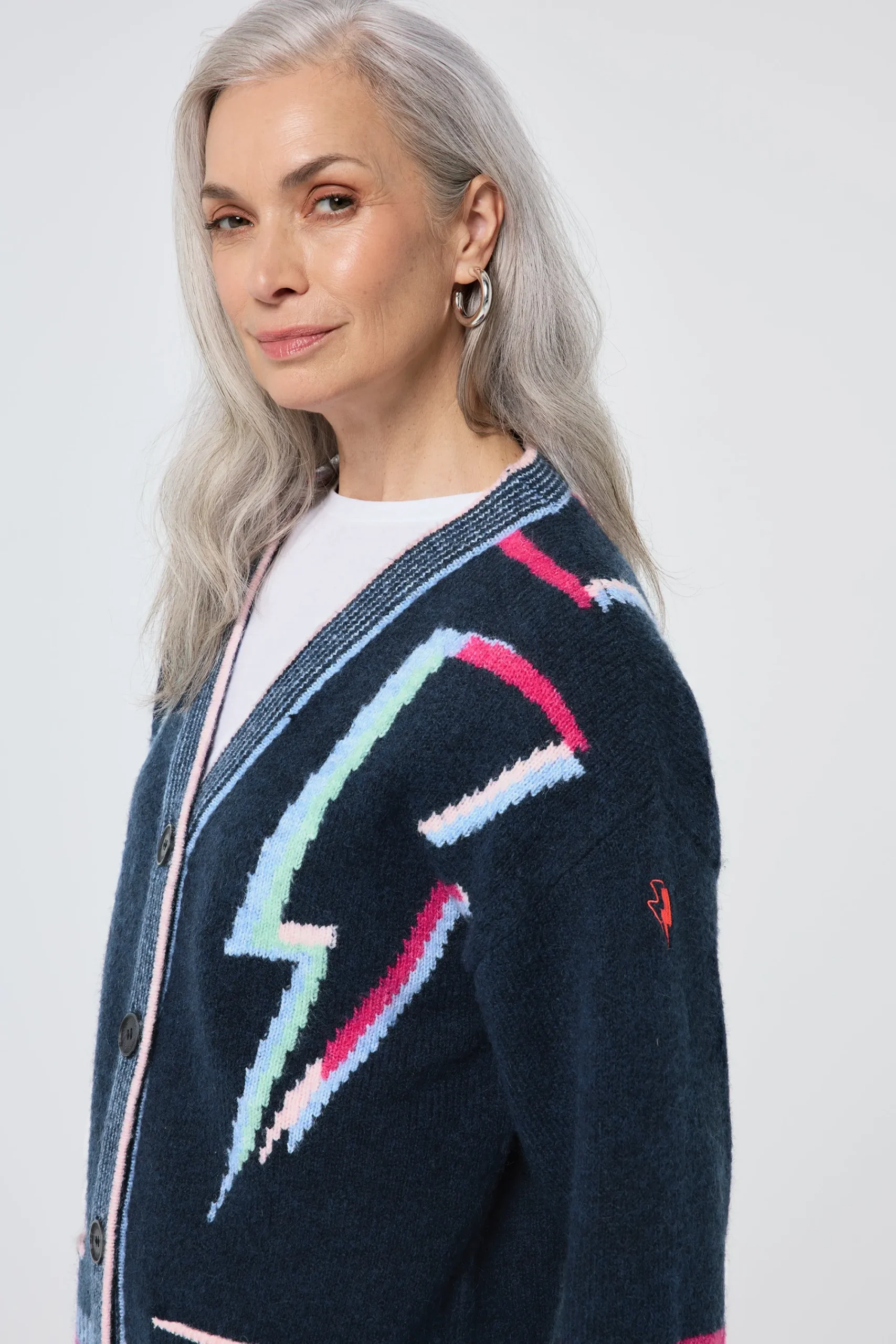Women Scamp & Dude Navy with Rainbow Statement Bolt Longline Cardigan