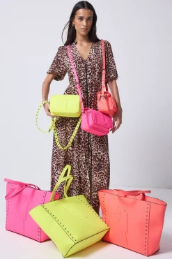 Women Scamp & Dude Neon Coral Studded Twin Compartment Cross Body Bag