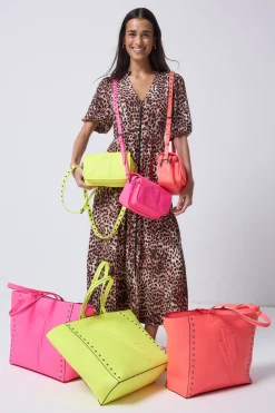 Women Scamp & Dude Neon Coral Studded Twin Compartment Cross Body Bag