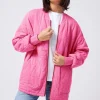 Women Scamp & Dude Neon Pink Organic Cotton Quilted Lightning Bolt Oversized Bomber Jacket