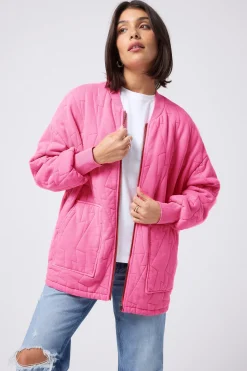 Women Scamp & Dude Neon Pink Organic Cotton Quilted Lightning Bolt Oversized Bomber Jacket