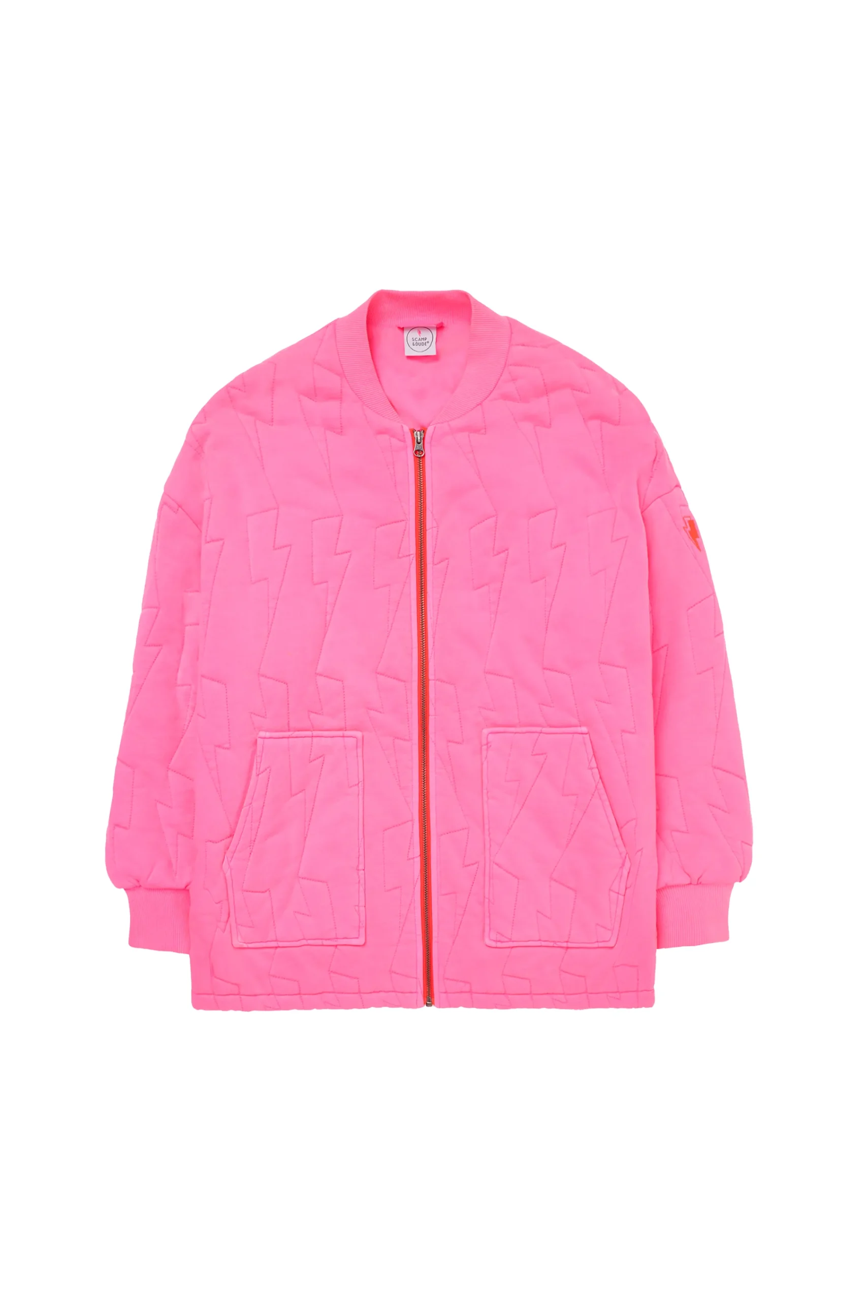 Women Scamp & Dude Neon Pink Organic Cotton Quilted Lightning Bolt Oversized Bomber Jacket