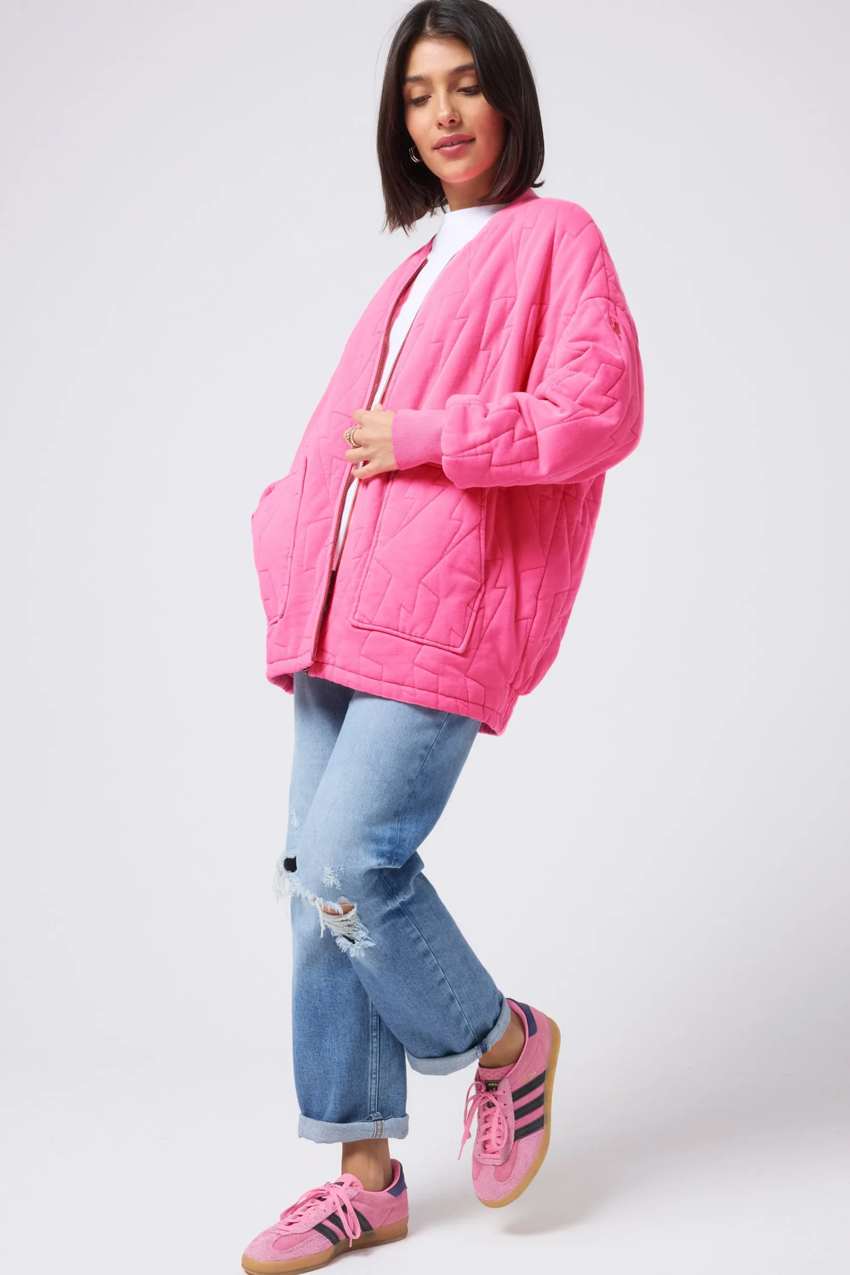 Women Scamp & Dude Neon Pink Organic Cotton Quilted Lightning Bolt Oversized Bomber Jacket