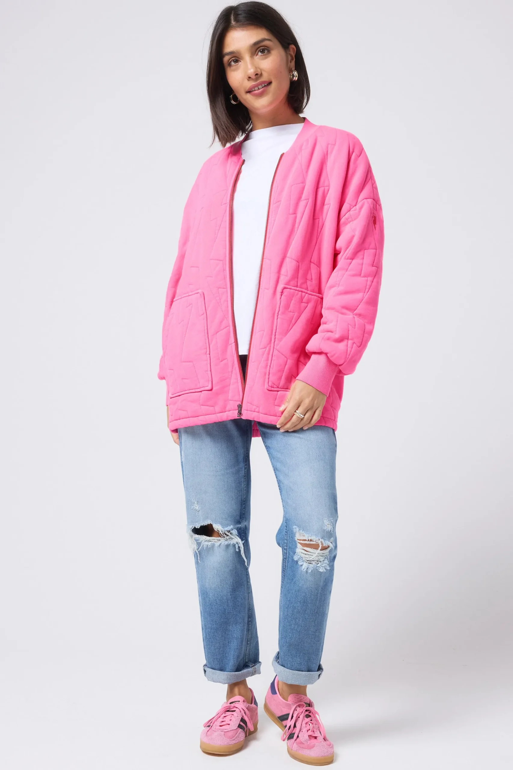 Women Scamp & Dude Neon Pink Organic Cotton Quilted Lightning Bolt Oversized Bomber Jacket