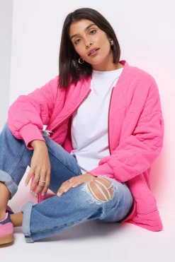 Women Scamp & Dude Neon Pink Organic Cotton Quilted Lightning Bolt Oversized Bomber Jacket