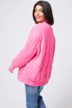 Women Scamp & Dude Neon Pink Organic Cotton Quilted Lightning Bolt Oversized Bomber Jacket