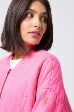 Women Scamp & Dude Neon Pink Organic Cotton Quilted Lightning Bolt Oversized Bomber Jacket