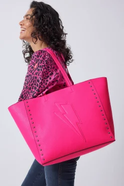 Women Scamp & Dude Neon Pink Studded Tote Bag