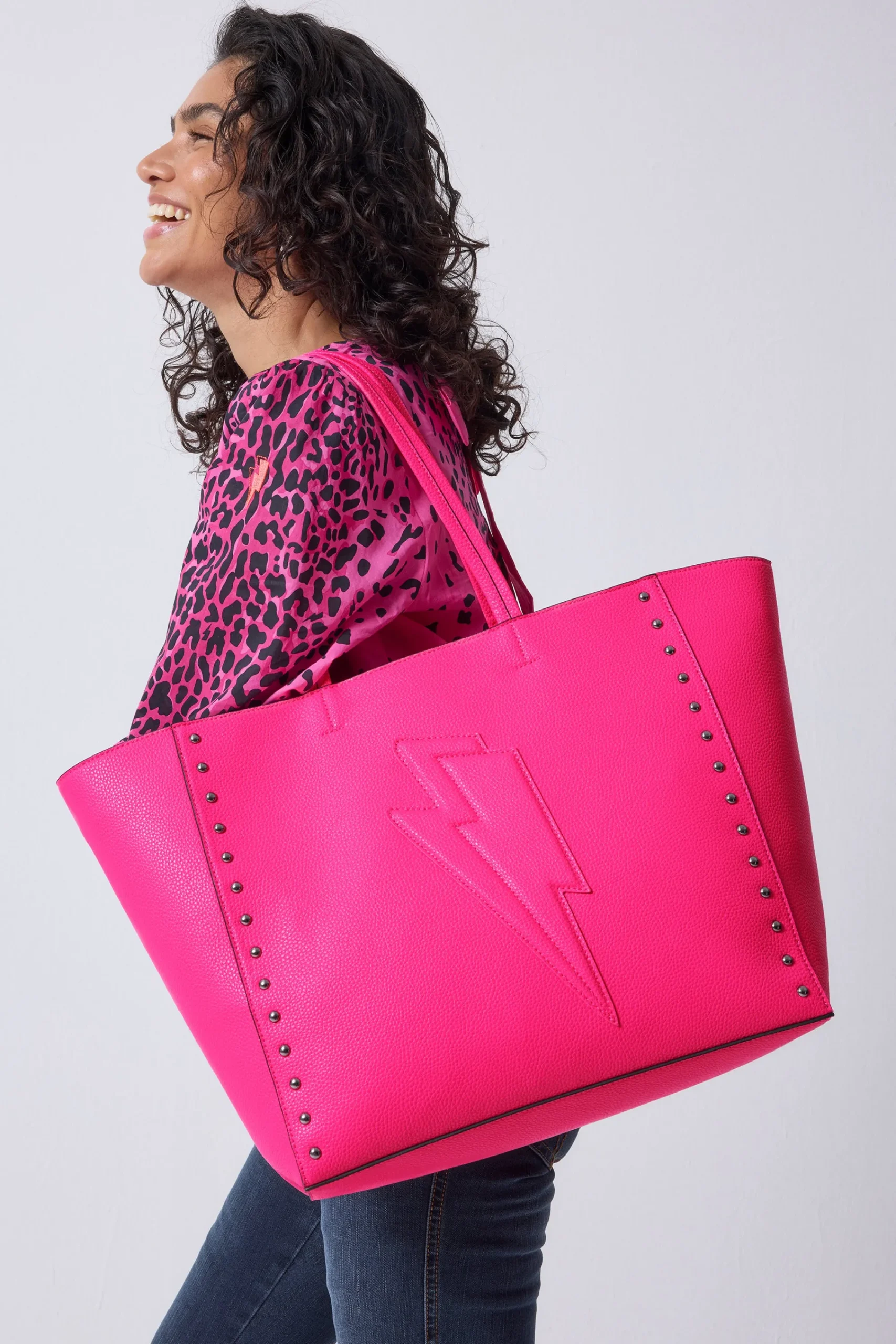 Women Scamp & Dude Neon Pink Studded Tote Bag