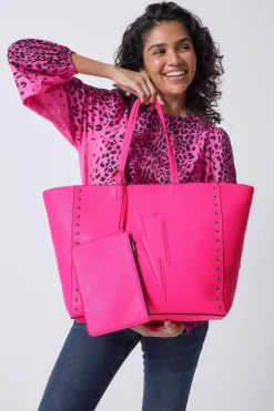 Women Scamp & Dude Neon Pink Studded Tote Bag