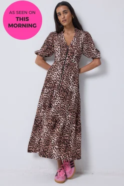 Women Scamp & Dude Neutral with Black Cheetah Zip Detail Tiered Midi Dress