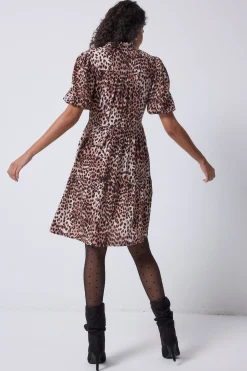 Women Scamp & Dude Neutral with Black Cheetah Zip Detail Tiered Short Dress