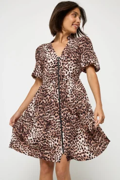 Women Scamp & Dude Neutral with Black Cheetah Zip Detail Tiered Short Dress