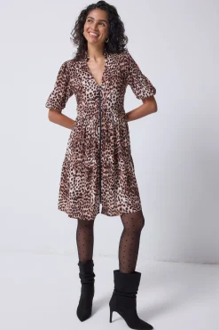 Women Scamp & Dude Neutral with Black Cheetah Zip Detail Tiered Short Dress