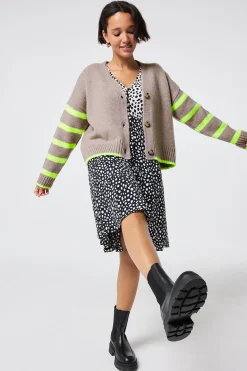 Women Scamp & Dude Oatmeal and Neon Yellow Stripe Cardigan
