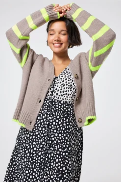 Women Scamp & Dude Oatmeal and Neon Yellow Stripe Cardigan