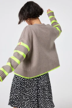 Women Scamp & Dude Oatmeal and Neon Yellow Stripe Cardigan