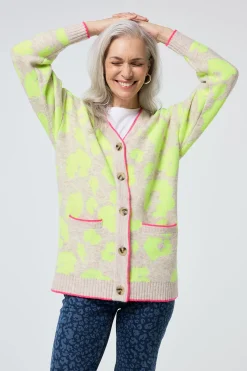 Women Scamp & Dude Oatmeal with Neon Yellow Mega Leopard Longline Jacquard Cardigan