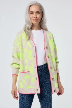 Women Scamp & Dude Oatmeal with Neon Yellow Mega Leopard Longline Jacquard Cardigan