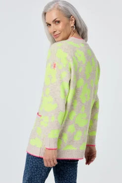Women Scamp & Dude Oatmeal with Neon Yellow Mega Leopard Longline Jacquard Cardigan