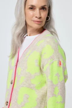 Women Scamp & Dude Oatmeal with Neon Yellow Mega Leopard Longline Jacquard Cardigan