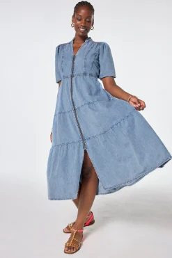 Women Scamp & Dude Pale Indigo Zip Detail Tiered Midi Denim Dress