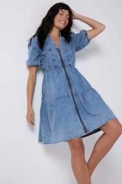 Women Scamp & Dude Pale Indigo Zip Detail Tiered Short Denim Dress