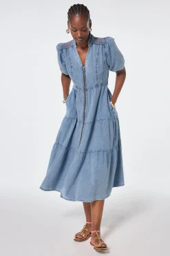 Women Scamp & Dude Pale Indigo Zip Detail Tiered Midi Denim Dress